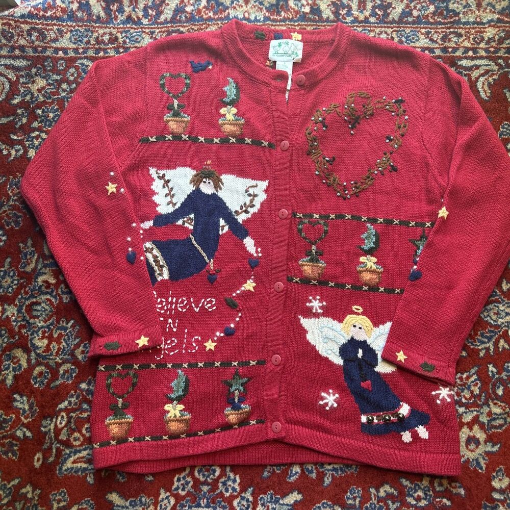 Vintage Grandma Knit Cardigan Sweater Women’s Small Red Angels 90s